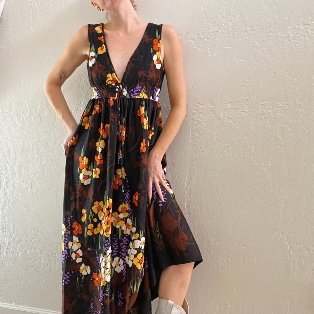 Vintage Floral Maxi Dress - Black, Orange, Purple